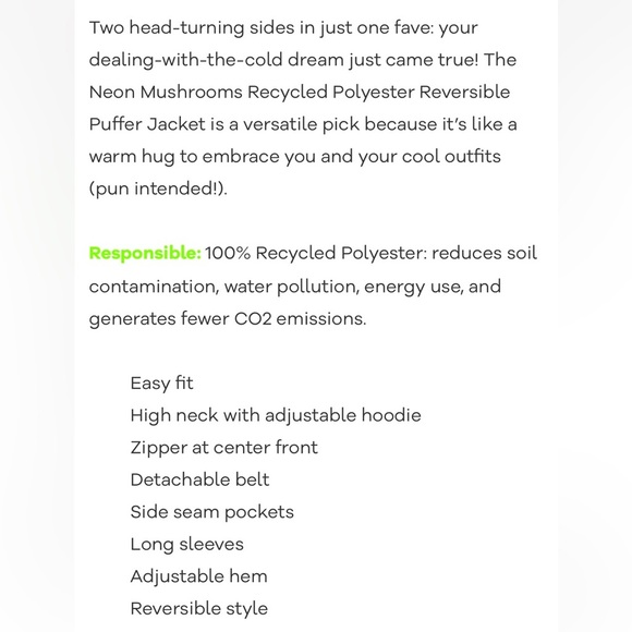 Farm Rio Neon Mushroom Recycled Polyester Reversible Puffer Jacket Size XS NWT - Picture 7 of 17